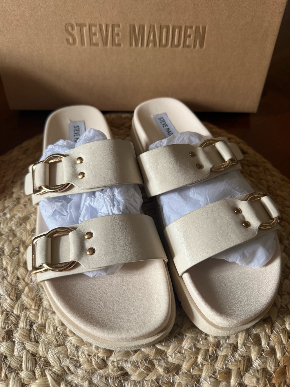 Steve Madden Cream Double-Buckle Slide Sandals with Gold Hardware